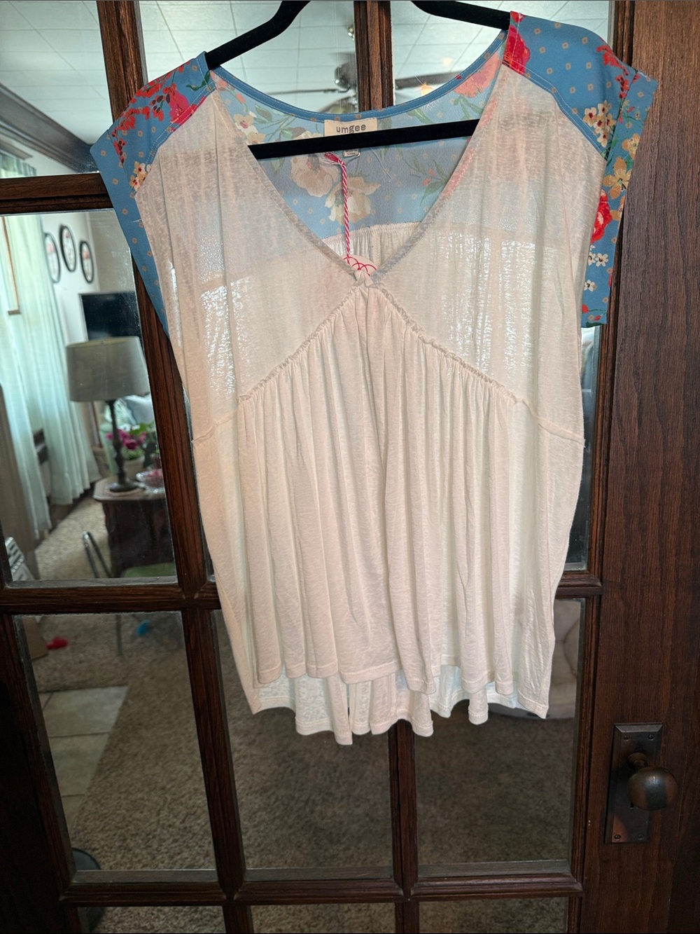 Umgee USA Boho Floral Contrast Babydoll Top Cream Blue V-Neck Small NWTβ